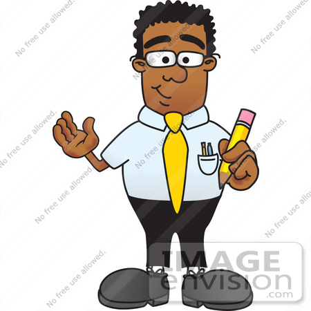 #28481 Clip Art Graphic of a Geeky African American Businessman Cartoon Character Holding a Pencil by toons4biz