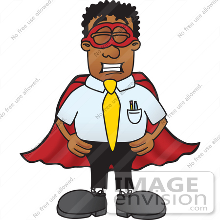 #28483 Clip Art Graphic of a Geeky African American Businessman Cartoon Character Dressed as a Super Hero by toons4biz