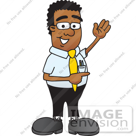 #28486 Clip Art Graphic of a Geeky African American Businessman Cartoon Character Waving and Pointing by toons4biz