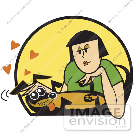 #28955 Cartoon Clip Art Graphic of a Happy Weiner Dog Getting His Belly Rubbed by a Woman by Andy Nortnik