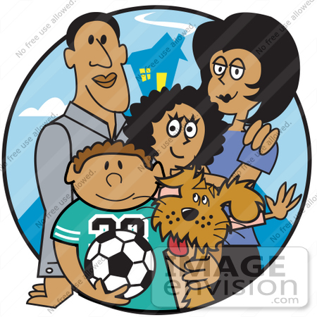 #28968 Cartoon Clip Art Graphic of a Two Parents Standing With Their Son, Daughter and the Family Dog by Andy Nortnik