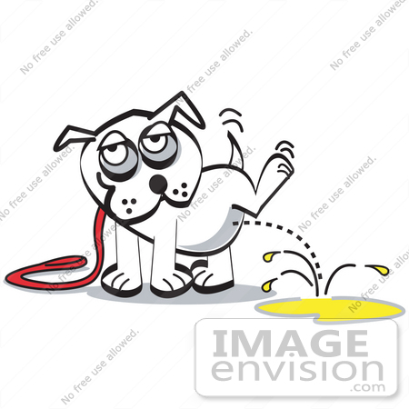 #28974 Cartoon Clip Art Graphic of a White Dog on a Leash, Lifting His Leg and Urinating by Andy Nortnik