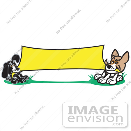 #28983 Cartoon Clip Art Graphic of a Two Dogs Playing Tug of War With a Blank Yellow Banner by Andy Nortnik
