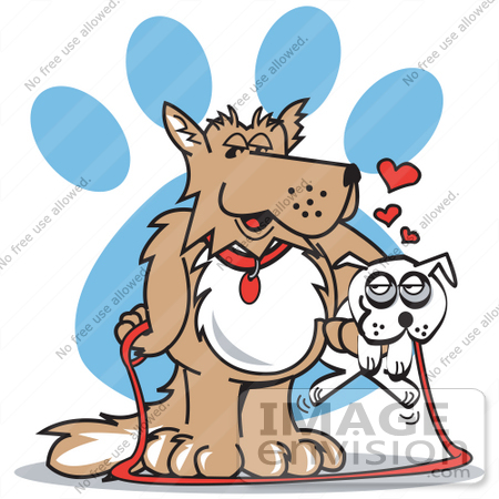 #28985 Cartoon Clip Art Graphic of a Big Dog Carrying a Little White Dog on a Leash by Andy Nortnik