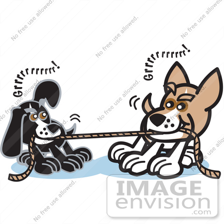 #28996 Cartoon Clip Art Graphic of a Two Dogs Growling While Playing Tug of War With a Rope by Andy Nortnik
