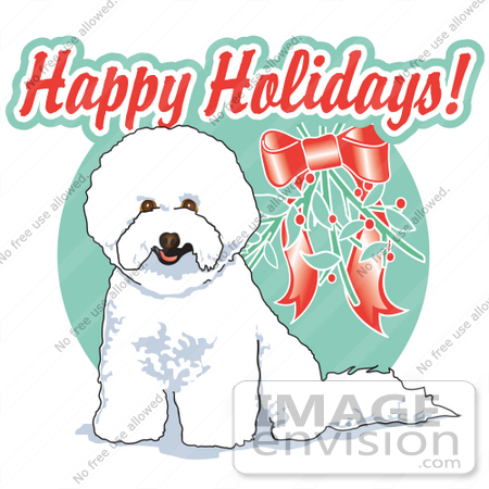 #29003 Royalty-free Cartoon Clip Art of a Cute White Bichon Frise Dog Sitting Under Mistletoe by Andy Nortnik