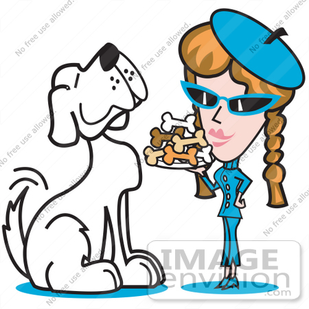 #29004 Royalty-free Cartoon Clip Art of a Big Spoiled White Dog Waiting as a Woman Serves Him a Tray of Dog Bone Biscuits by Andy Nortnik