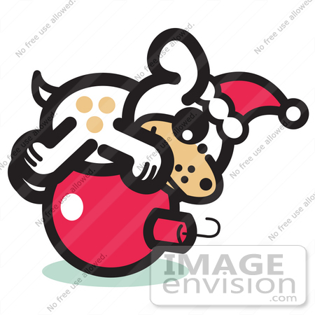 #29005 Royalty-free Cartoon Clip Art of a Cute Dog Wearing a Santa Hat and Lying on a Red Christmas Bauble Ornament by Andy Nortnik