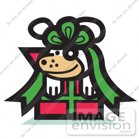 #29021 Royalty-free Cartoon Clip Art of a Cute Dog Tied up in a Bow on a Christmas Present by Andy Nortnik