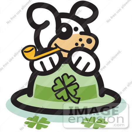 #29023 Royalty-free Cartoon Clip Art of a Dog Smoking A Tobacco Pipe And Resting On A St Patrick’s Day Hat With Clovers by Andy Nortnik