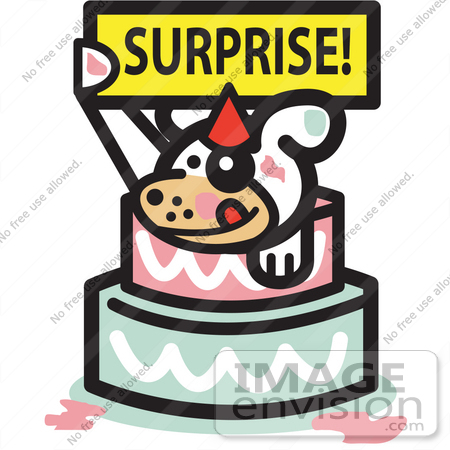 #29026 Royalty-free Cartoon Clip Art of a Cute Dog Holding A Surprise Sign And Popping Out Of A Birthday Cake by Andy Nortnik