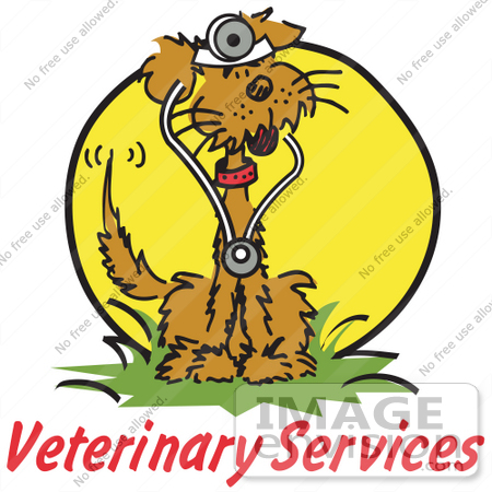 #29030 Royalty-free Cartoon Clip Art of "Veterinary Services" Text Under a Brown Dog Wearing a Stethoscope by Andy Nortnik