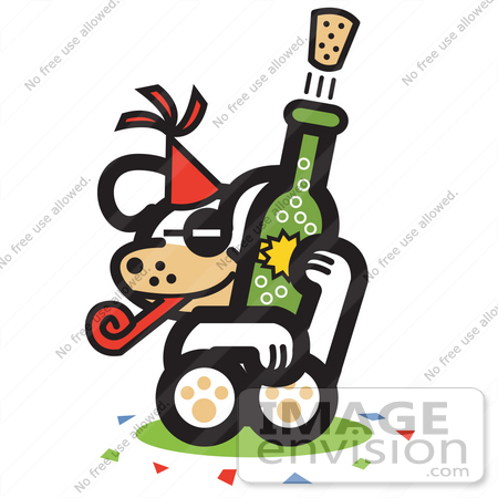 #29037 Royalty-free Cartoon Clip Art of a Dog Popping a Cork Off of a Bottle of Champagne at a New Year’s Party by Andy Nortnik