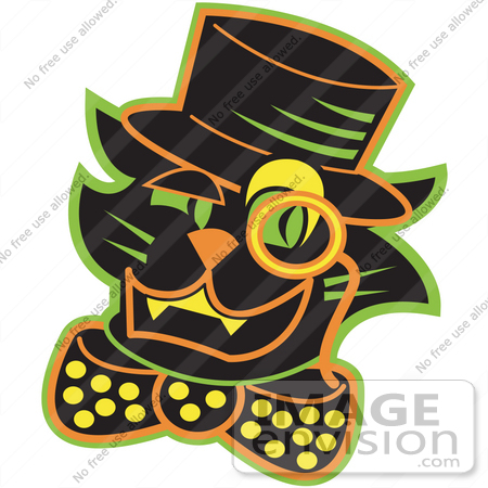 #29038 Royalty-free Cartoon Clip Art of a Black Cat Wearing A Hat And A Bow And A Monacle Over His Eye by Andy Nortnik