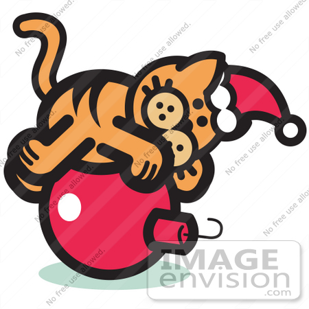 #29051 Royalty-free Cartoon Clip Art of an Orange Cat Wearing A Santa Hat And Lying On A Red Christmas Bauble Ornament by Andy Nortnik