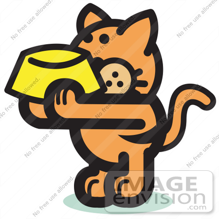 #29053 Royalty-free Cartoon Clip Art of a Hungry Orange Cat Holding Up A Yellow Food Dish, Waiting To Be Fed by Andy Nortnik