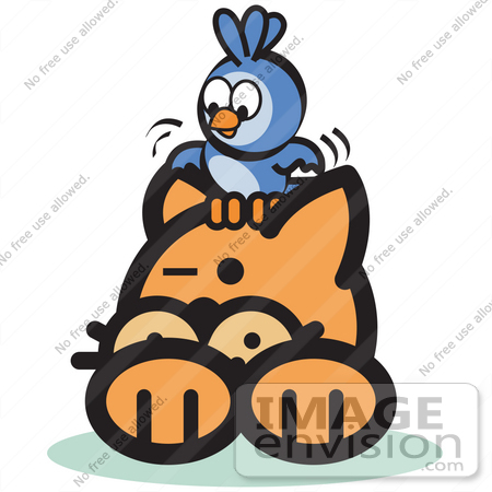 #29056 Royalty-free Cartoon Clip Art of a Brave Bluebird Sitting On An Orange Cat’s Head And Teasing Him by Andy Nortnik
