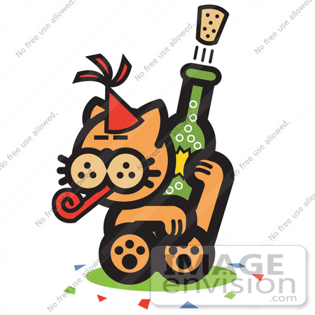 #29059 Royalty-free Cartoon Clip Art of an Orange Cat Wearing A Party Hat, Blowing A Party Blower And Popping A Cork Off Of A Bottle Of Champagne by Andy Nortnik