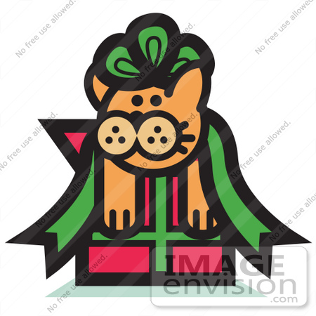 #29061 Royalty-free Cartoon Clip Art of an Orange Cat Stuck In A Green Ribbon Bow On A Christmas Present by Andy Nortnik