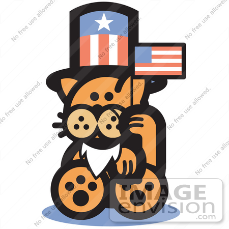 #29062 Royalty-free Cartoon Clip Art of an Orange Cat Wearing A Fake White Beard And An American Hat And Waving A Flag On Independence Day by Andy Nortnik