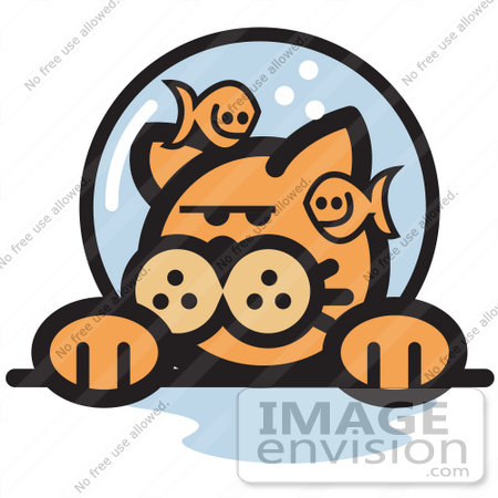 #29063 Royalty-free Cartoon Clip Art of a Grumpy Ginger Cat With Fish Making Fun Of Him In A Fishbowl Stuck On His Head by Andy Nortnik