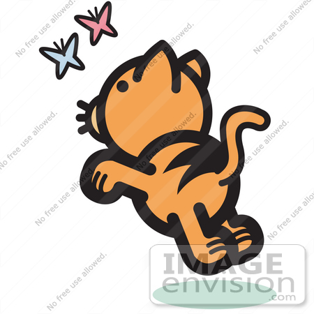 #29065 Royalty-free Cartoon Clip Art of a Frisky Orange Cat Chasing Pink and Blue Butterflies in the Spring by Andy Nortnik
