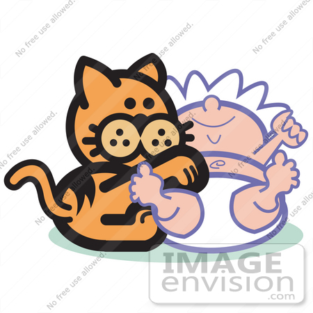 #29068 Royalty-free Cartoon Clip Art of an Orange Cat Playing With a Baby by Andy Nortnik