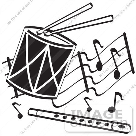 #29087 Royalty-free Black And White Cartoon Clip Art of Drumsticks on a Drum and a Flute Over Musical Notes by Andy Nortnik