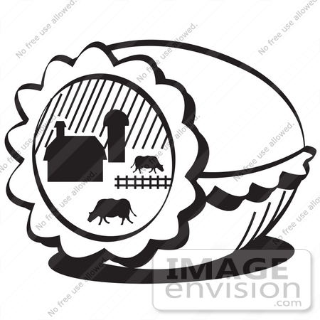 #29088 Royalty-free Black And White Cartoon Clip Art of a Easter Egg With A Farm Scene Of Cows Grazing In A Pasture Near A Barn by Andy Nortnik