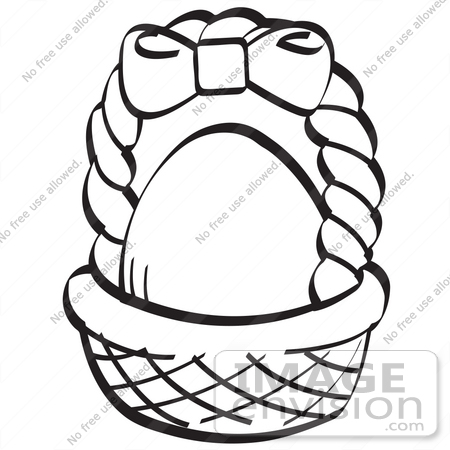 #29098 Royalty-free Black And White Cartoon Clip Art of an Egg In A Brown Easter Basket With A Pink Bow On The Handle by Andy Nortnik