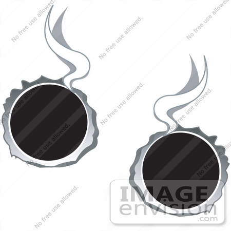 #29103 Royalty-free Black and White Cartoon Clip Art of Two Hot Bullet Holes Through Metal, Smoking by Andy Nortnik