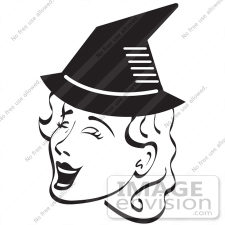 #29104 Royalty-free Black and White Cartoon Clip Art of a Pretty Woman Singing And Wearing A Pointy Black Witch Hat On Halloween by Andy Nortnik