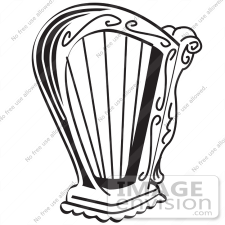 #29109 Royalty-free Black and White Cartoon Clip Art of a Harp Instrument Over a White Background by Andy Nortnik
