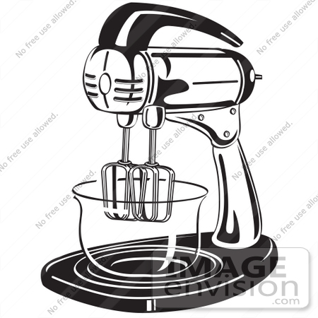 #29115 Royalty-free Black and White Cartoon Clip Art of an Electric Mixer in a Kitchen by Andy Nortnik