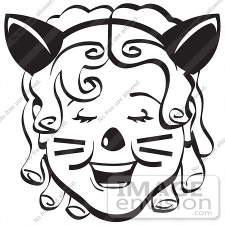 #29116 Royalty-free Black and White Cartoon Clip Art of a Pretty Curly Red Haired Girl Wearing A Cat Eared Headband On Halloween by Andy Nortnik