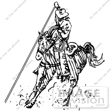#29123 Royalty-free Black and White Cartoon Clip Art of a Roper Cowboy on a Horse, Using a Lasso to Catch a Cow or Horse by Andy Nortnik
