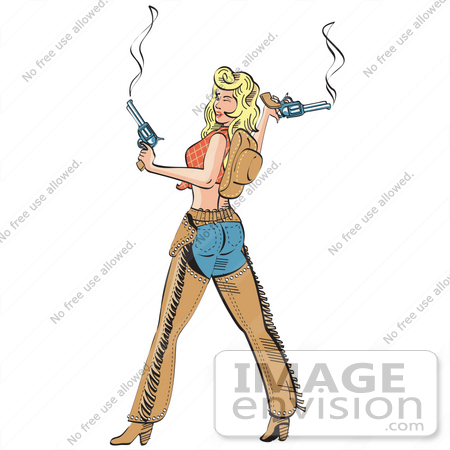 #29128 Royalty-free Cartoon Clip Art of an Attractive Blonde Cowgirl Wearing Blue Jeans and Chaps, Holding Two Smoking Pistils After Shooting Guns by Andy Nortnik