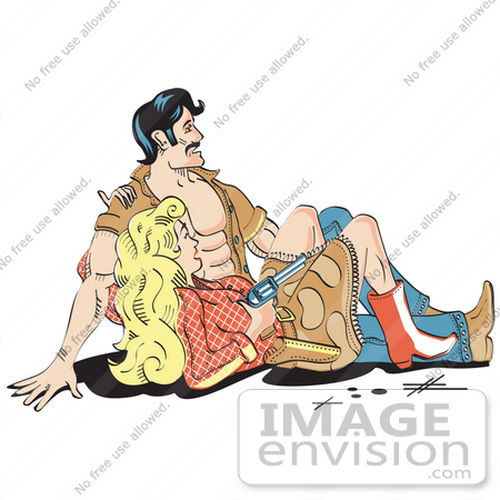 #29131 Royalty-free Cartoon Clip Art of a Cowboy Sitting Beside a Blond Cowgirl Who is Holding a Gun by Andy Nortnik