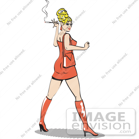 #29132 Royalty-free Cartoon Clip Art of a Sexy Blond Bombshell Woman Wearing A Tight Orange Dress Looking Back And Smoking A Cigarette by Andy Nortnik