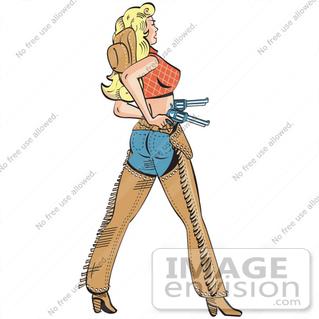 #29133 Royalty-free Cartoon Clip Art of a Sexy Blond Cowgirl in Chaps, Drawing Her Pistils by Andy Nortnik