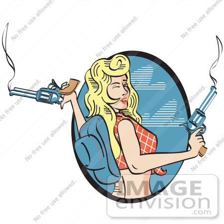 #29136 Royalty-free Cartoon Clip Art of a Beautiful Cowgirl With Blond Hair, Wearing a Short Shirt and Blue Cowboy Hat and Holding Two Smoking Pistils by Andy Nortnik