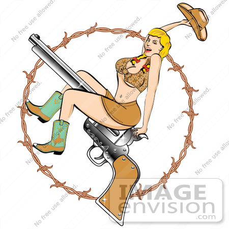 #29137 Royalty-free Cartoon Clip Art of a Sexy Blond Woman In A Short Halter Top And Short Mini Skirt, Wearing Cowboy Boots And Holding Up Her Hat While Riding A Pistil, Surrounded By Barbed Wire by Andy Nortnik