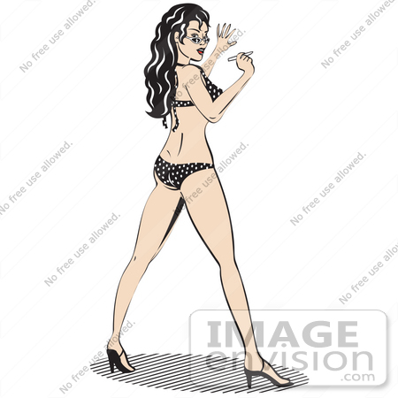 #29141 Royalty-free Cartoon Clip Art of a Sexy Long Haired Brunette Woman In A Black And White Polka Dot Bikini, Looking Back Over Her Shoulder by Andy Nortnik