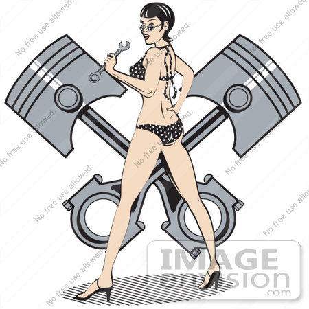 #29142 Royalty-free Cartoon Clip Art of a Sexy Brunette Woman In A Black And White Polka Dot Bikini And High Heels, Holding A Wrench And Looking Back While Standing In Front Of A Piston by Andy Nortnik