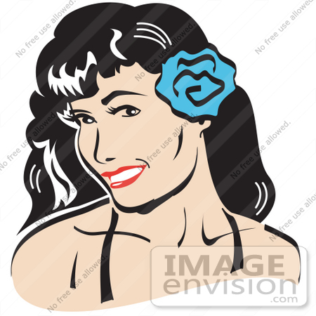 #29144 Royalty-free Cartoon Clip Art of a Pretty Brunette Woman With A Blue Flower In Her Hair by Andy Nortnik
