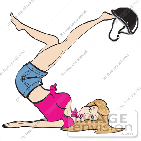 #29145 Royalty-free Cartoon Clip Art of a Sexy Woman With Dirty Blond Hair, Lying On Her Back And Kicking Her Legs Up While Playing With A Helmet On Her Feet by Andy Nortnik