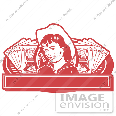 #29200 Royalty-free Cartoon Clip Art of a Pretty Cowgirl With A Mole, Wearing A Hat And Standing Between Hands Of Playing Cards On A Red Banner by Andy Nortnik