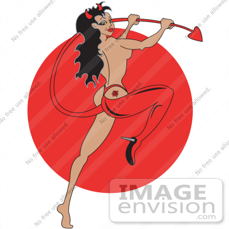 #29201 Royalty-free Cartoon Clip Art of a Sexy Pinup Woman Modeling In A Red High Heel And Devil Costume, Holding Her Tail And Sporting A Rose Tattoo On Her Butt by Andy Nortnik