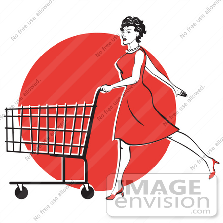 #29206 Royalty-free Cartoon Clip Art of a Young Woman In A Red Dress And High Heels, Walking And Pushing A Shopping Cart In Front Of A Red Circle by Andy Nortnik