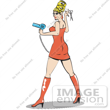 #29208 Royalty-free Cartoon Clip Art of a Sexy Blond Bombshell Beautician Woman Wearing A Tight Orange Dress And Tall Orange Boots And Holding A Pair Of Scissors And Blow Dryer At A Salon by Andy Nortnik
